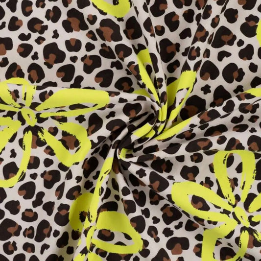 Leopard med blomster i gul - French Terry
