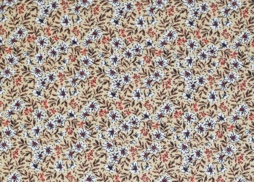 Små blomster med røde bær på beige baggrund - Bomuldsjersey