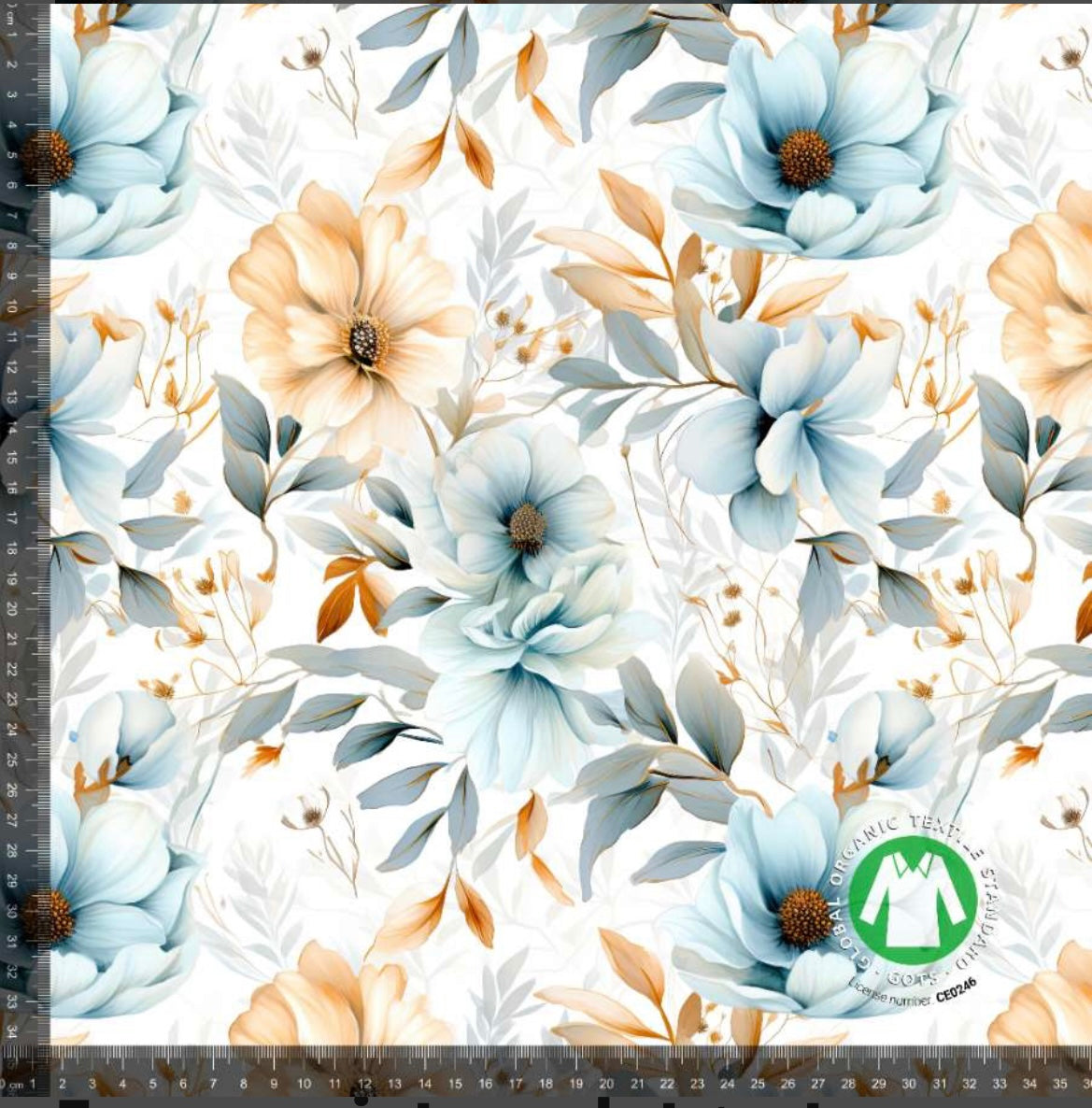 Blå og beige blomster - Bomuldsjersey