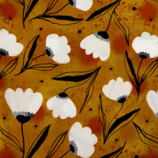 Orange baggrund med hvide blomster - Viskose
