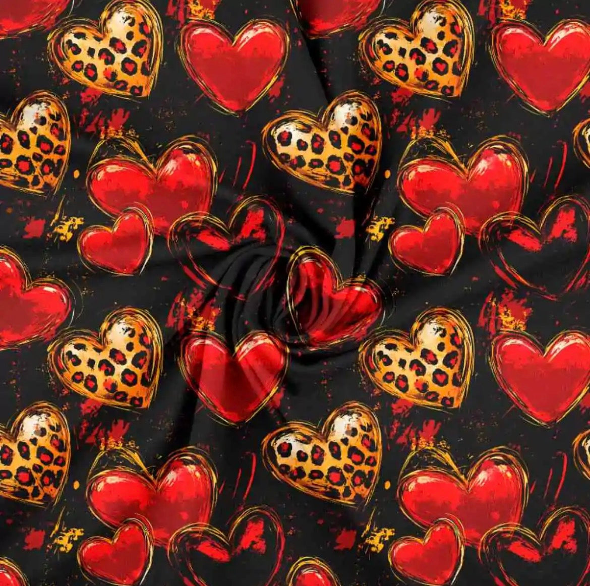 Hjerter i leopard og rød - Bomuldsjersey