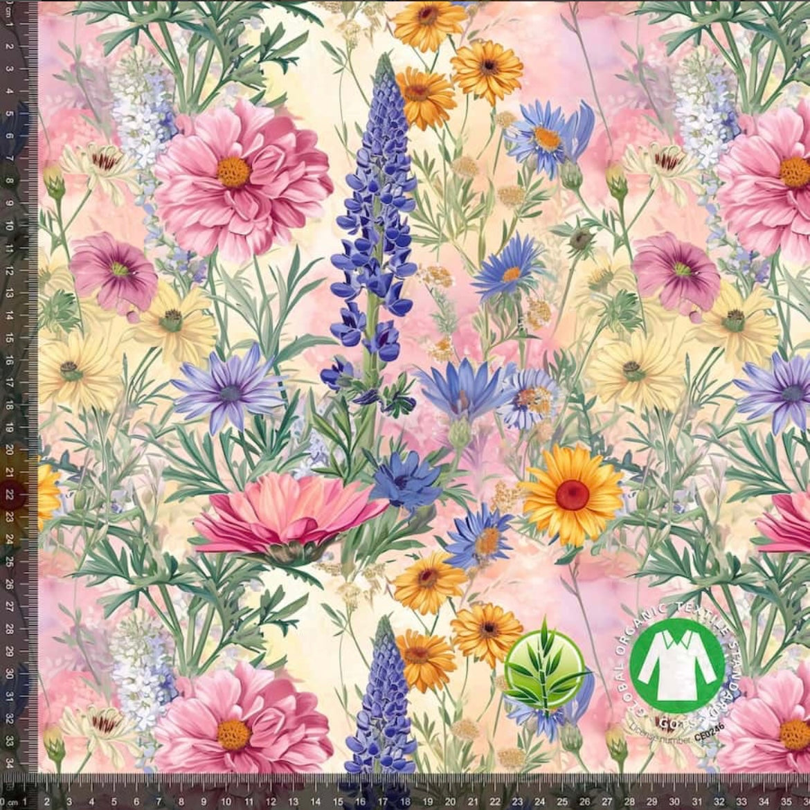 Blomsterhave på beige/lyserød baggrund - Bambus