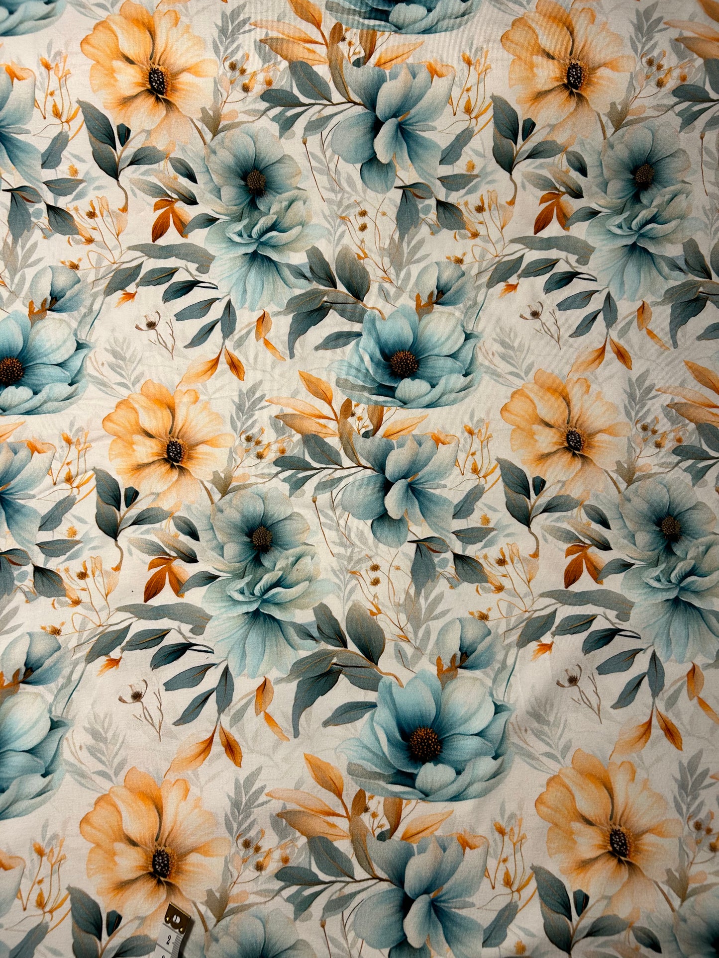 Blå og beige blomster - Bomuldsjersey