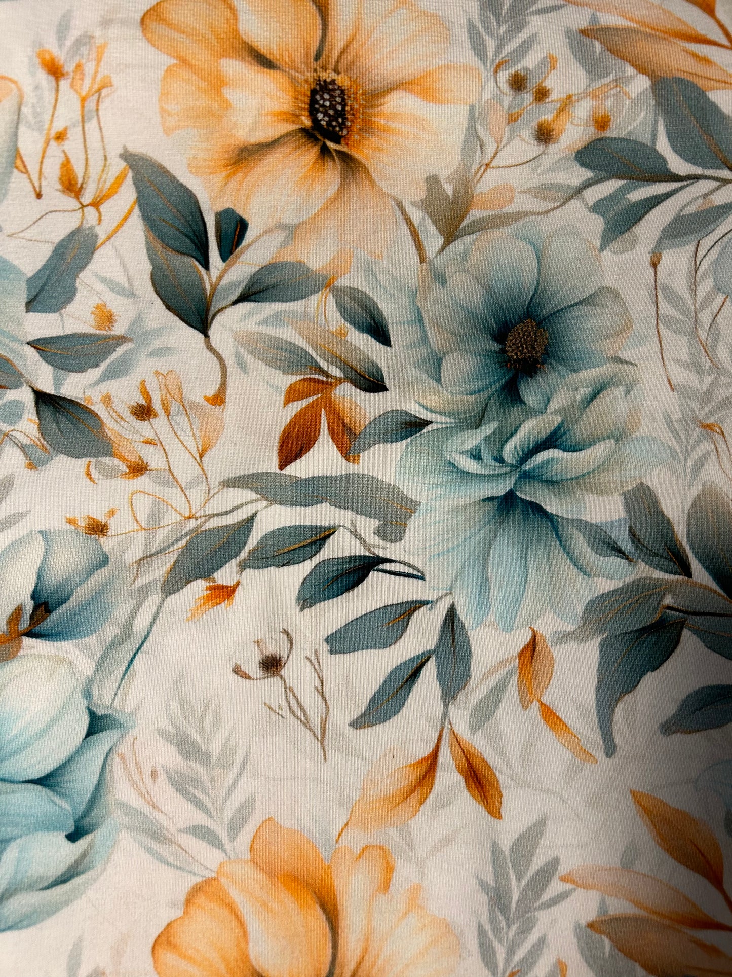 Blå og beige blomster - Bomuldsjersey