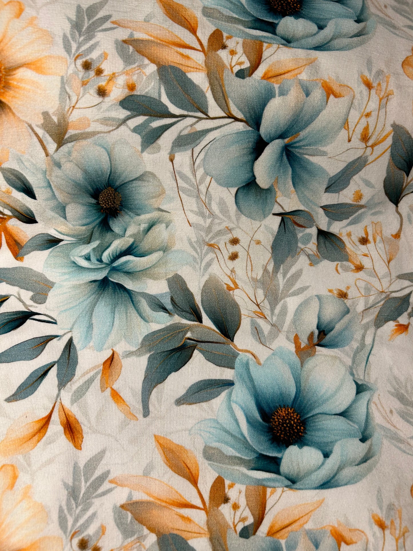 Blå og beige blomster - Bomuldsjersey