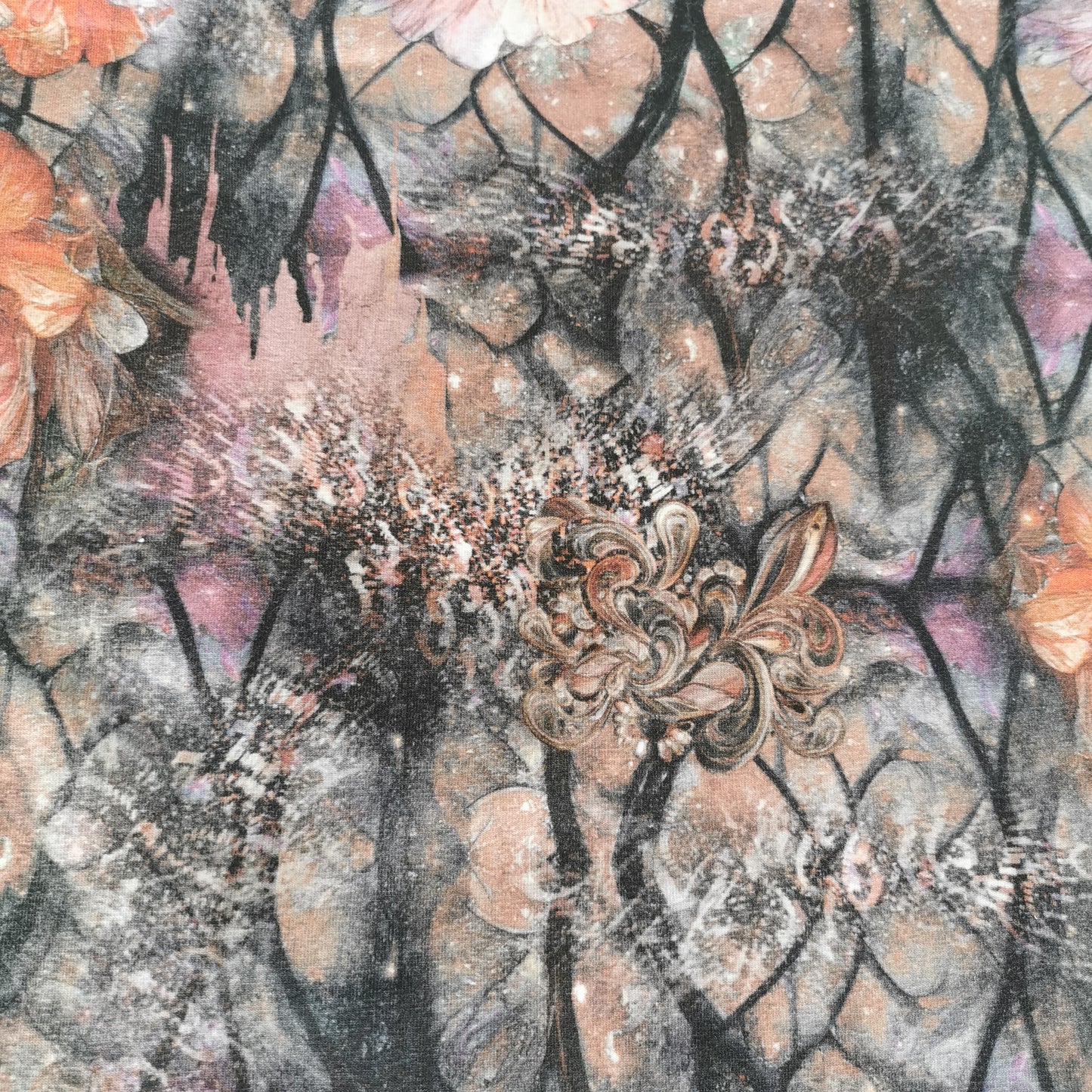 Romantisk print med blomster og mønster - Bomuldsjersey