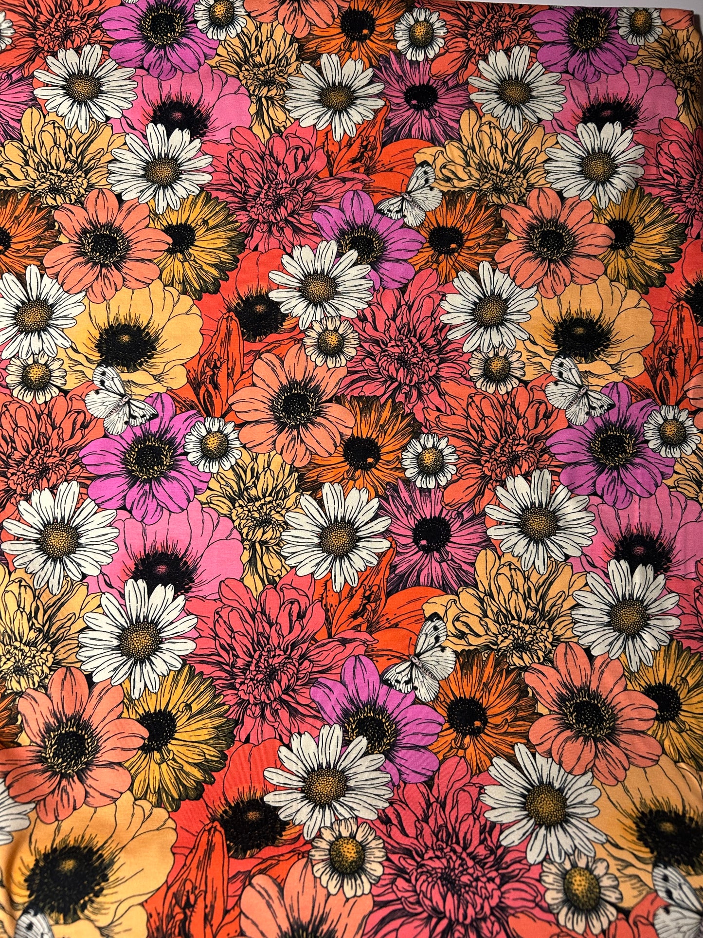 Retro print med blomster i mange farver - Bomuldsjersey