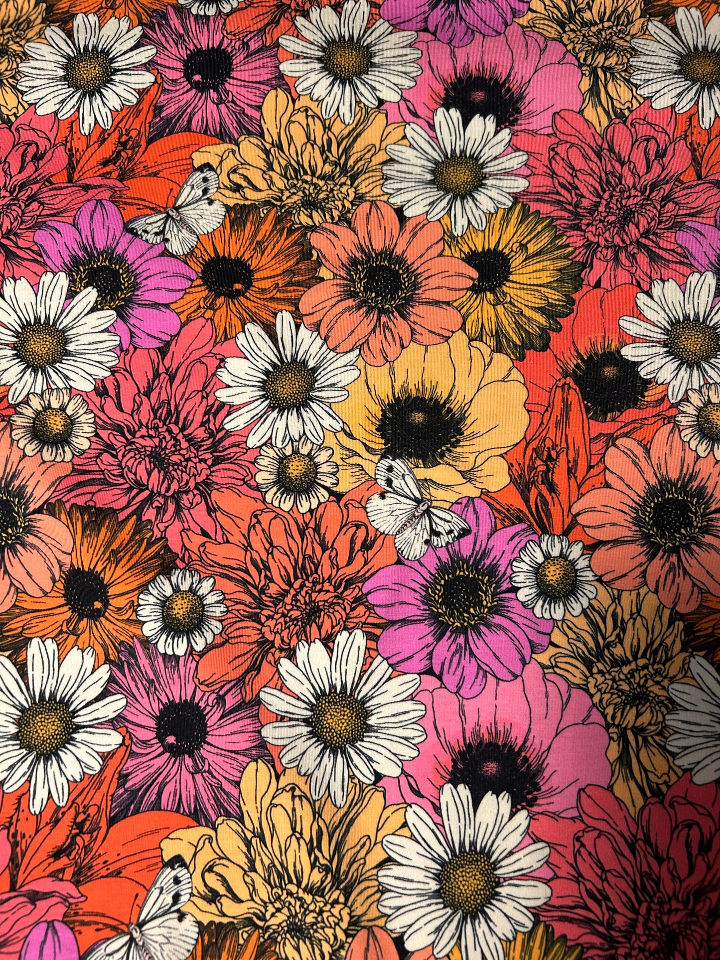 Retro print med blomster i mange farver - Bomuldsjersey