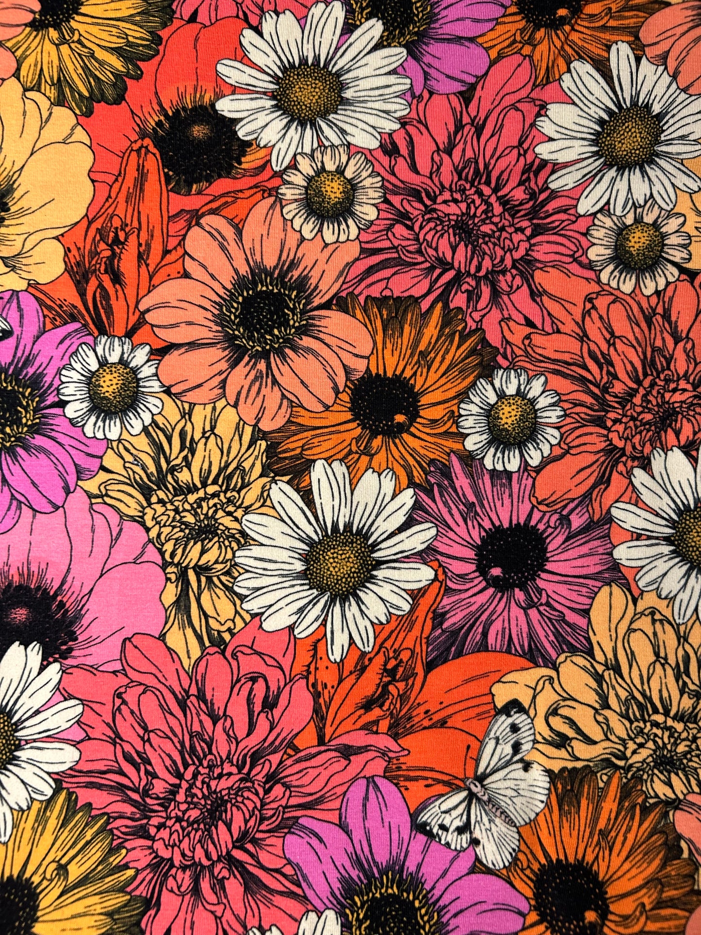 Retro print med blomster i mange farver - Bomuldsjersey