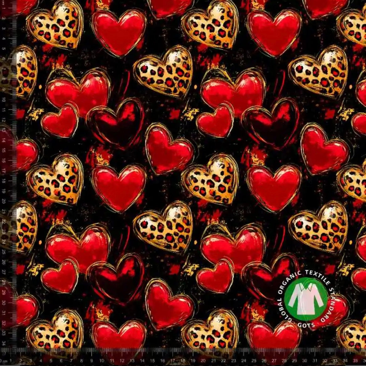 Hjerter i leopard og rød - Bomuldsjersey