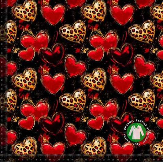 Hjerter i leopard og rød - Bomuldsjersey
