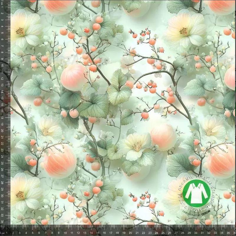 Pastel grønne grene med orange bær - Bomuldsjersey