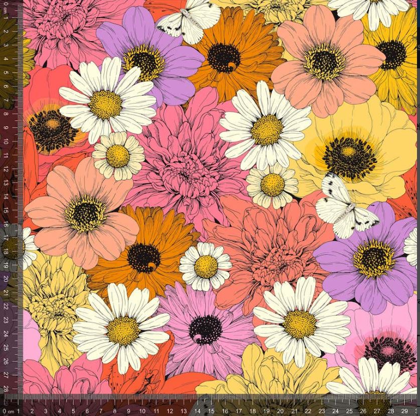 Retro print med blomster i mange farver - Bomuldsjersey